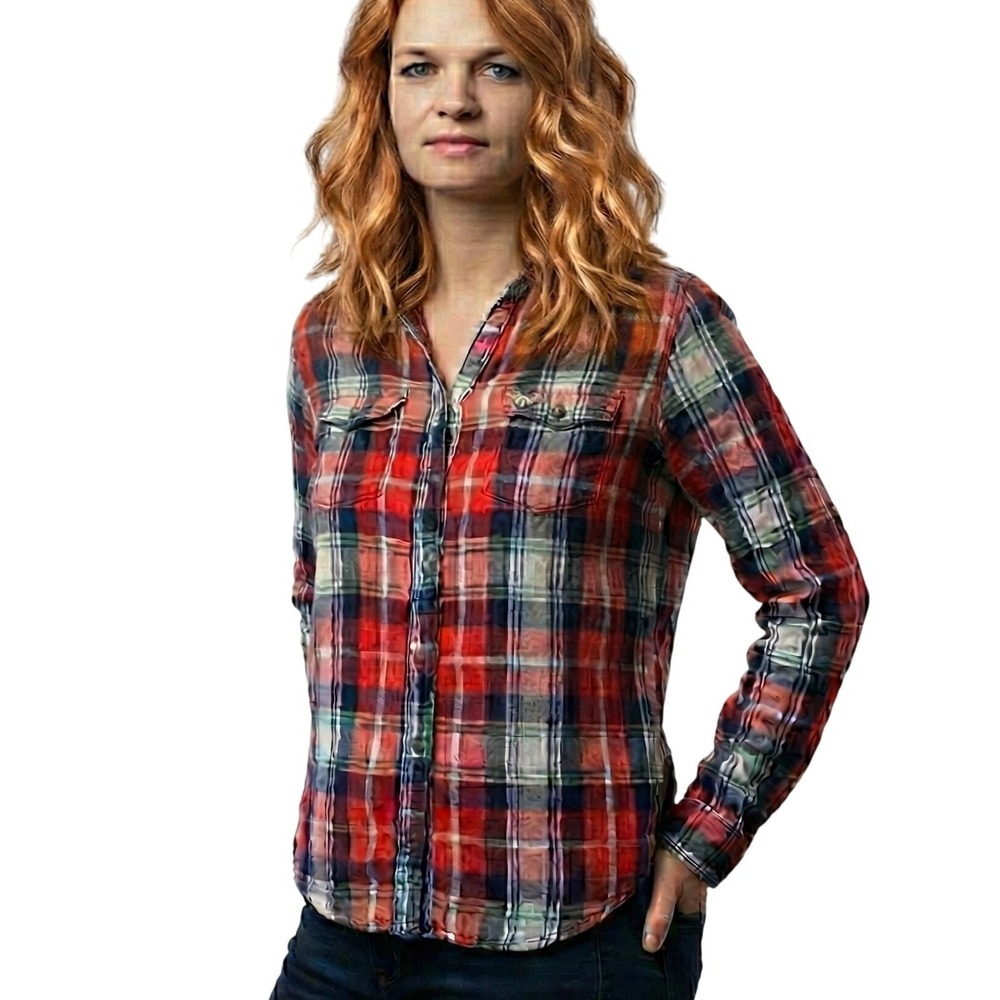 Abercrombie & Fitch Button Down Shirt Womens Small Red Plaid Flannel Long Sleeve